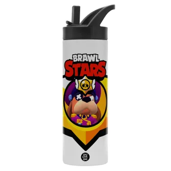 Brawl Stars Ruffs, Μεταλλικό παγούρι θερμός με καλαμάκι & χειρολαβή, ανοξείδωτο ατσάλι (Stainless steel 304), διπλού τοιχώματος, 600ml