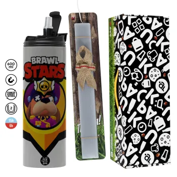 Brawl Stars Ruffs, Easter candle with Grey Tumbler Thermo 600ml & aromatic flat candle (30cm) (GREY)