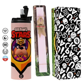 Brawl Stars Ruffs, Easter candle,Travel Tumbler 2 Lids, with metal straw & cleaning brush & aromatic flat candle (30cm) (PINK)