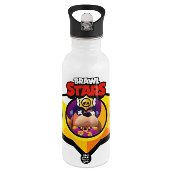 Brawl Stars Ruffs, White water bottle with straw, stainless steel 600ml