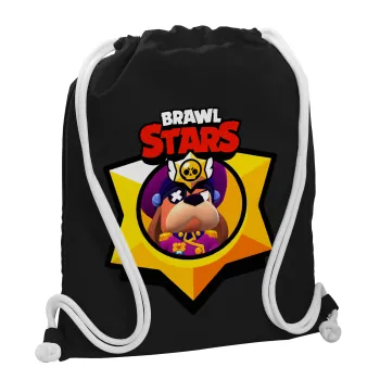 Brawl Stars Ruffs, Τσάντα πλάτης πουγκί GYMBAG Μαύρη, με τσέπη (40x48cm) & χονδρά λευκά κορδόνια