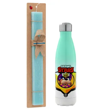 Brawl Stars Ruffs, Easter Set, Metallic green/white thermos (Stainless steel), double-walled, 500ml & scented flat Easter candle (30cm) (TURQUOISE)