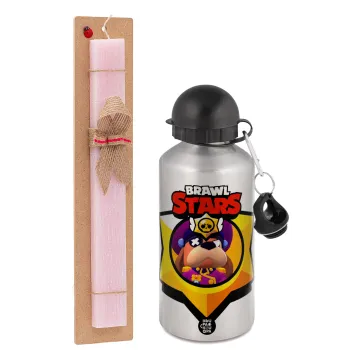 Brawl Stars Ruffs, Easter Set, metallic Silver aluminum water bottle (500ml) & scented flat Easter candle (30cm) (PINK)