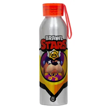 Brawl Stars Ruffs, Αλουμινένιο Αθλητικό Μπουκάλι 650ml – Ασημί με Κόκκινο Καπάκι και Λουράκι Σιλικόνης