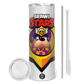 Brawl Stars Ruffs, Tumbler ποτήρι θερμό από ανοξείδωτο ατσάλι 600ml, με μεταλλικό καλαμάκι & βούρτσα καθαρισμού