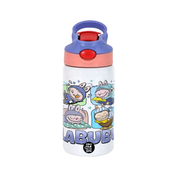 Labubu, Παιδικό παγούρι θερμό, ανοξείδωτο, με καλαμάκι ασφαλείας, ροζ/μωβ (350ml)