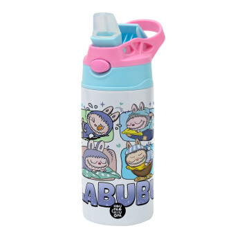 Labubu, Children's hot water bottle, stainless steel, with safety straw, Pink/BlueCiel (360ml) BPA FREE
