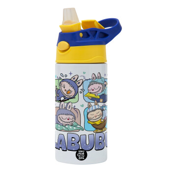 Labubu, Children's hot water bottle, stainless steel, with safety straw, green, blue (360ml) BPA FREE