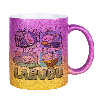 Labubu, Κούπα Χρυσή/Ροζ Glitter, κεραμική, 330ml