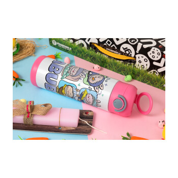 Labubu, Πασχαλινή Λαμπάδα με Παιδικό παγούρι θερμό, ανοξείδωτο, με καλαμάκι ασφαλείας, ΡΟΖ (500ml)