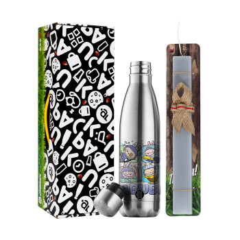 Labubu, Easter Set, metallic stainless thermos flask (500ml) & scented flat Easter candle (30cm) (GRAY)