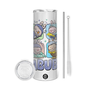 Labubu, Tumbler ποτήρι θερμό από ανοξείδωτο ατσάλι 600ml, με μεταλλικό καλαμάκι & βούρτσα καθαρισμού