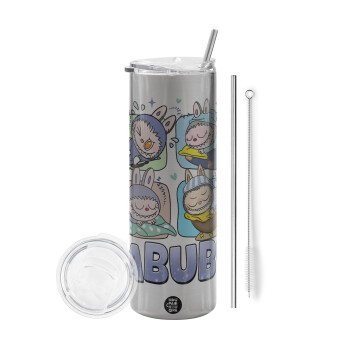 Labubu, Tumbler ποτήρι θερμό Ασημένιο από ανοξείδωτο ατσάλι 600ml, με μεταλλικό καλαμάκι & βούρτσα καθαρισμού