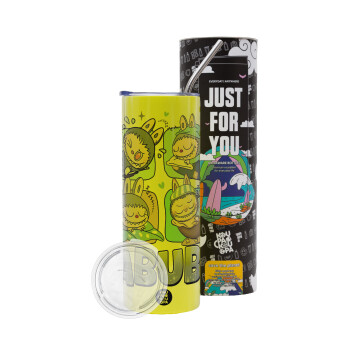 Labubu, Neon Yellow Travel Tumbler, with metal straw (Stainless steel 304 Food grade, BPA free, 600ml)