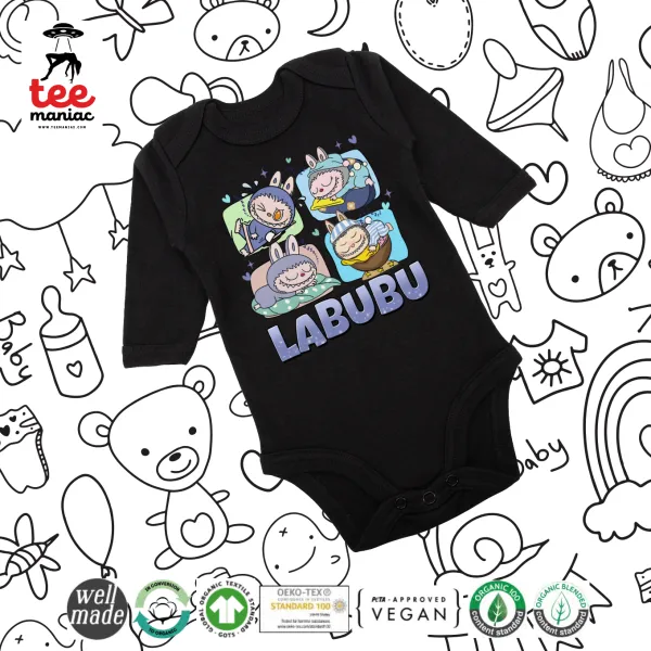 Labubu — Μακρυμάνικο βρεφικό φορμάκι, 0-18 μηνών, ΜΑΥΡΟ, 100% Organic Cotton