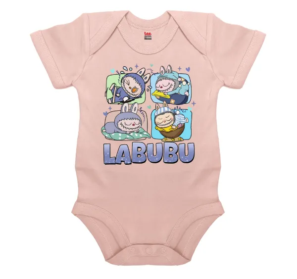 Labubu — Βρεφικό φορμάκι μωρού, 0-18 μηνών, ΡΟΖ POWDER, 100% Organic Cotton, κοντομάνικο