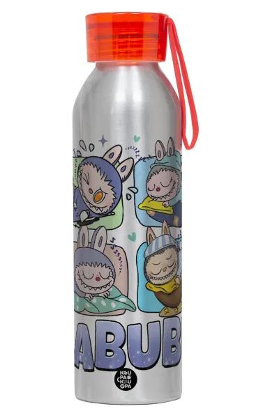 Labubu — Aluminum Sports Bottle 650ml – Silver with Red Cap and Silicone Strap