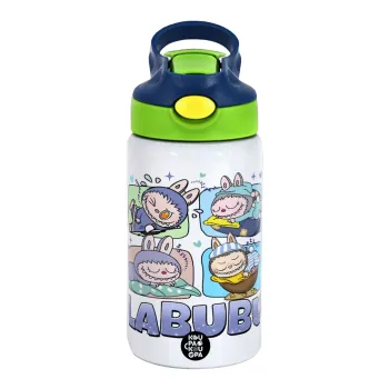 Labubu, Παιδικό παγούρι θερμό, ανοξείδωτο, με καλαμάκι ασφαλείας, πράσινο/μπλε (350ml)