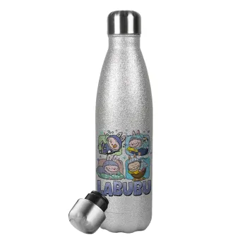 Labubu, Metallic Glitter Silver Thermos Flask (Stainless steel), double-walled, 500ml