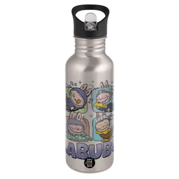 Labubu, Water bottle Silver with straw, stainless steel 600ml