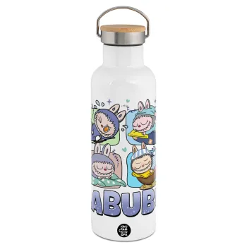 Labubu, Stainless steel White with wooden lid (bamboo), double wall, 750ml