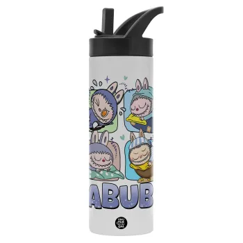 Labubu, Metallic thermos bottle with straw & handle, stainless steel (Stainless steel 304), double-walled, 600ml.