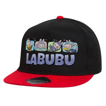 Labubu, Children's Flat Snapback Hat, Black/Red (100% COTTON, CHILDREN'S, UNISEX, ONE SIZE)