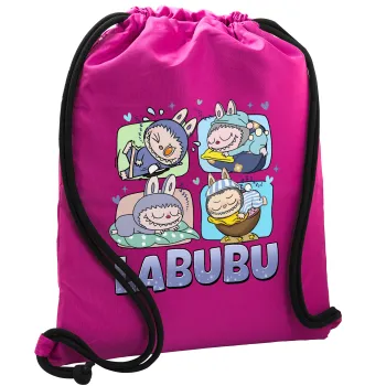Labubu, Τσάντα πλάτης πουγκί GYMBAG Φούξια, με τσέπη (40x48cm) & χονδρά κορδόνια