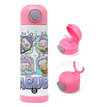 Labubu, Παιδικό παγούρι θερμό, ανοξείδωτο, με καλαμάκι ασφαλείας, ΡΟΖ (500ml)