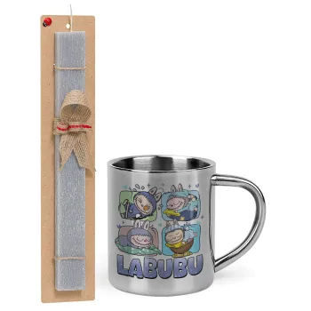 Labubu, Πασχαλινή Λαμπάδα με μεταλλική κούπα θερμό (300ml) & κερί αρωματικό πλακέ (30cm) (ΓΚΡΙ)