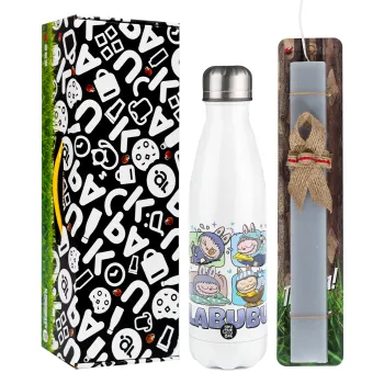 Labubu, Easter candle, metallic white thermos bottle (500ml) & aromatic flat candle (30cm) (GRAY)