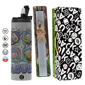 Labubu, Πασχαλινή Λαμπάδα με Travel Tumbler θερμό (600ml, BPA free) & κερί αρωματικό πλακέ (30cm) (ΓΚΡΙ)