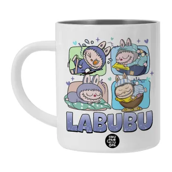 Labubu, Λευκή Ανοξείδωτη Μεταλλική Κούπα 450ml - Διπλού Τοιχώματος 