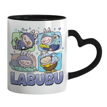 Labubu, Κούπα καρδιά χερούλι μαύρη, κεραμική, 330ml