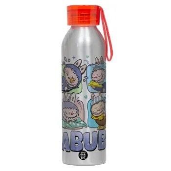 Labubu, Αλουμινένιο Αθλητικό Μπουκάλι 650ml – Ασημί με Κόκκινο Καπάκι και Λουράκι Σιλικόνης