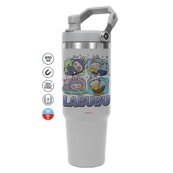 Labubu, ΓΚΡΙ χρώματος Θερμός Ανοξείδωτο 890ml (30oz) με χερούλι