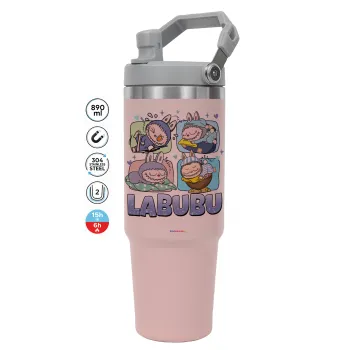 Labubu, ΡΟΖ χρώματος Θερμός Ανοξείδωτο 890ml (30oz) με χερούλι