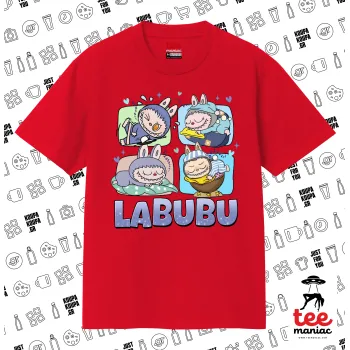Labubu, Κλασικό T-Shirt, διπλής ραφής, χωρίς πλευρικές ραφές ΚΟΚΚΙΝΟ από 100% βαμβάκι. Vegan & OEKO-TEX πιστοποιημένο.