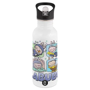 Labubu, White water bottle with straw, stainless steel 600ml