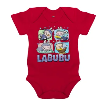 Labubu, Βρεφικό φορμάκι μωρού, ΚΟΚΚΙΝΟ, 100% Organic Cotton, κοντομάνικο