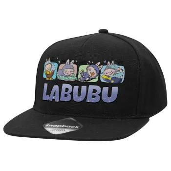 Labubu, Adult Flat Snapback Hat Black, (100% COTTON TWILL, ADULT, UNISEX, ONE SIZE)