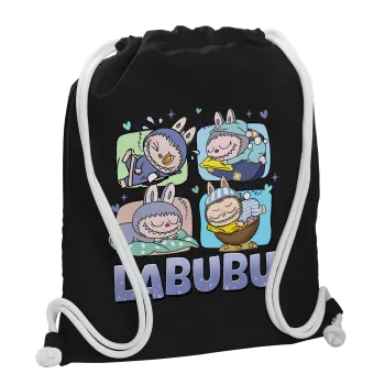 Labubu, Τσάντα πλάτης πουγκί GYMBAG Μαύρη, με τσέπη (40x48cm) & χονδρά λευκά κορδόνια