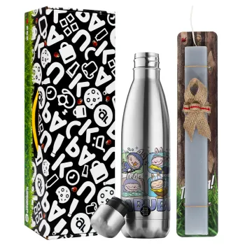 Labubu, Easter Set, metallic stainless thermos flask (500ml) & scented flat Easter candle (30cm) (GRAY)