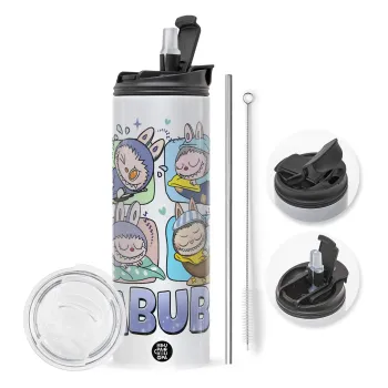 Labubu, Travel Tumbler θερμό με διπλό καπάκι, μεταλλικό καλαμάκι και βούρτσα καθαρισμού (Ανωξείδωτο 304 Food grade, BPA free, 600ml)