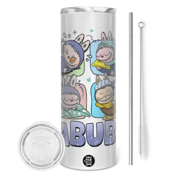 Labubu, Tumbler ποτήρι θερμό από ανοξείδωτο ατσάλι 600ml, με μεταλλικό καλαμάκι & βούρτσα καθαρισμού