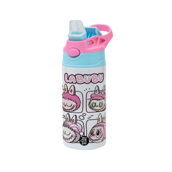 Labubu pink, Children's hot water bottle, stainless steel, with safety straw, Pink/BlueCiel (360ml) BPA FREE