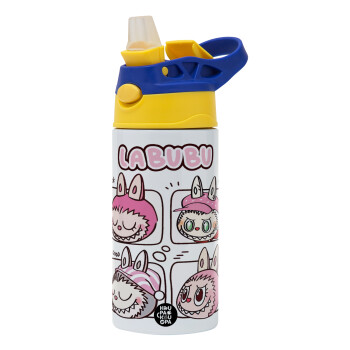Labubu pink, Children's hot water bottle, stainless steel, with safety straw, green, blue (360ml) BPA FREE
