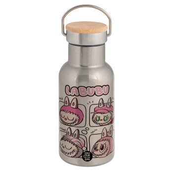 Labubu pink, Μεταλλικό παγούρι θερμός (Stainless steel) Ασημένιο με ξύλινο καπακι (bamboo), διπλού τοιχώματος, 350ml