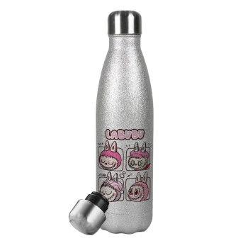 Labubu pink, Metallic Glitter Silver Thermos Flask (Stainless steel), double-walled, 500ml