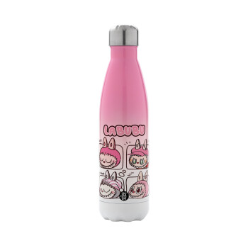 Labubu pink, Μεταλλικό παγούρι θερμός Ροζ/Λευκό (Stainless steel), διπλού τοιχώματος, 500ml